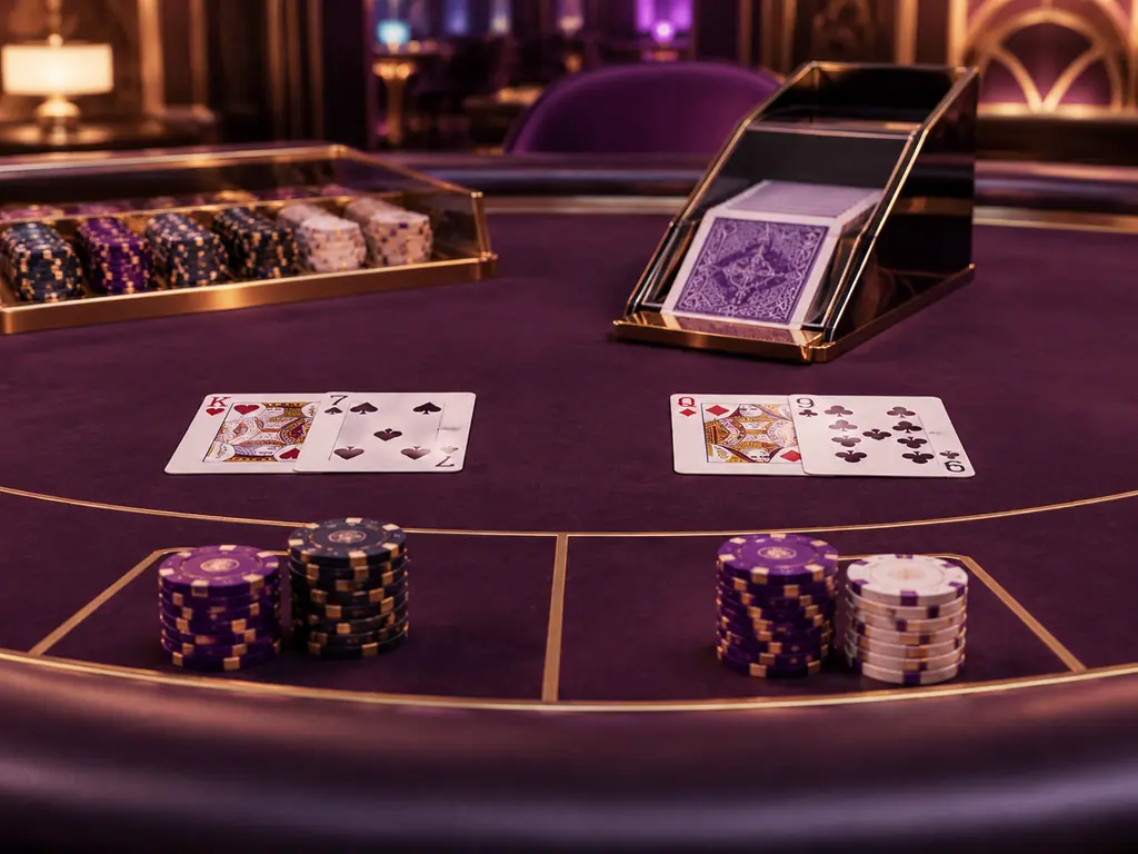 Meja baccarat dengan kartu dan cip di bawah lampu ungu