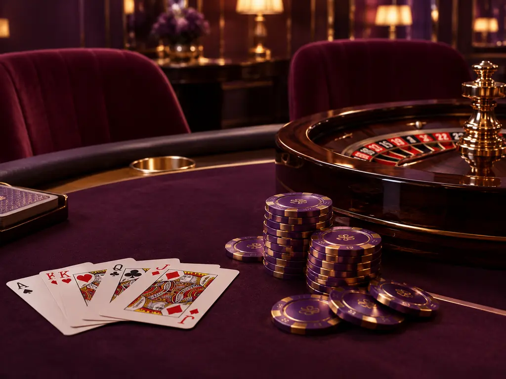 Susunan meja casino elegan dengan kartu, cip, dan roda roulette kecil