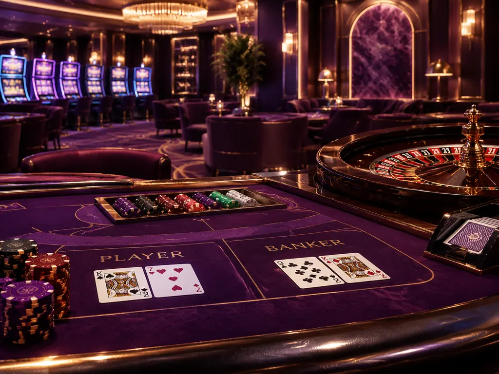 Interior kasino dengan meja kartu, roda roulette, dan mesin permainan dalam cahaya ungu