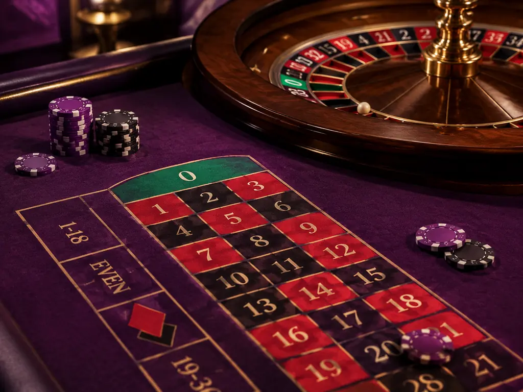 Tata meja roulette dan cip dari sudut atas